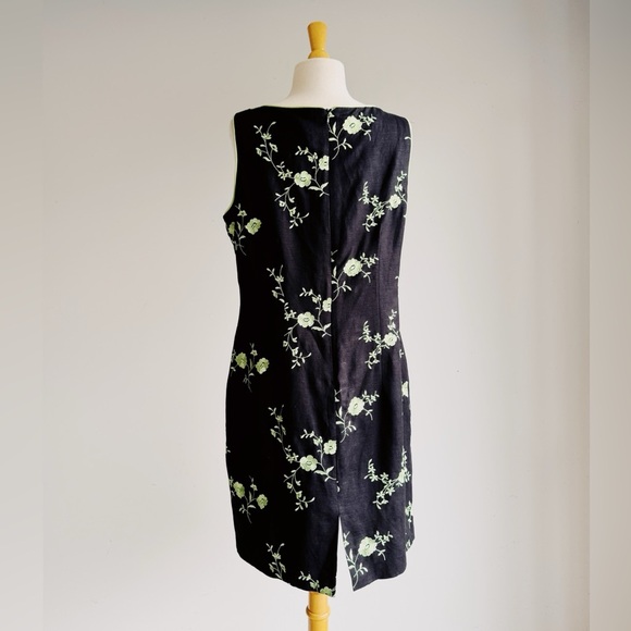 VINTAGE 90's JESSICA HOWARD PETITE Black and Green Linen Blend Floral Dress 14P - Picture 4 of 6